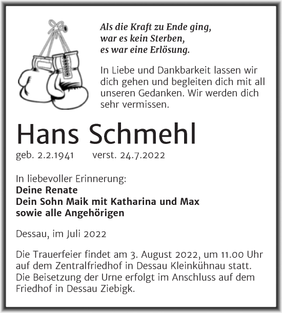 Traueranzeige von Hans Schmehl von Trauerkombi Dessau