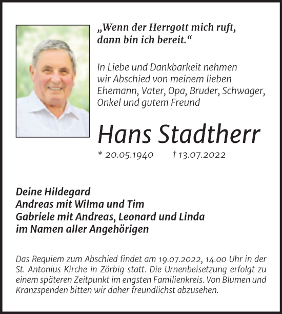 Traueranzeige von Hans Stadtherr von Mitteldeutsche Zeitung Bitterfeld