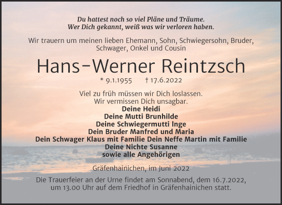 Traueranzeige von Hans-Werner Reintzsch von Trauerkombi Wittenberg