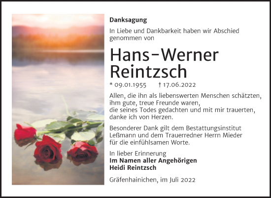 Traueranzeige von Hans-Werner Reintzsch von Trauerkombi Wittenberg