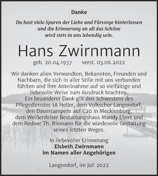 Traueranzeige von Hans Zwirnmann von Trauerkombi Weißenfels