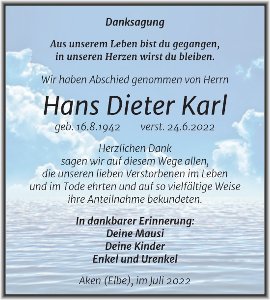 Traueranzeige von Hans Dieter Karl von Trauerkombi Köthen