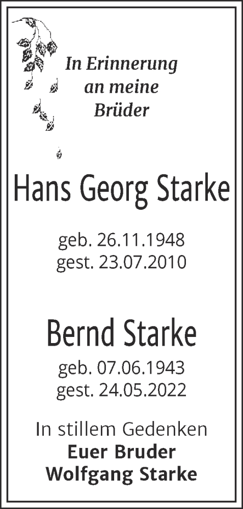 Traueranzeige von Hans Georg und Bernd Starke von Trauerkombi Dessau