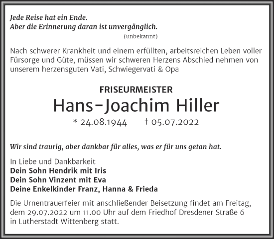 Traueranzeige von Hans Joachim Hiller von Trauerkombi Wittenberg