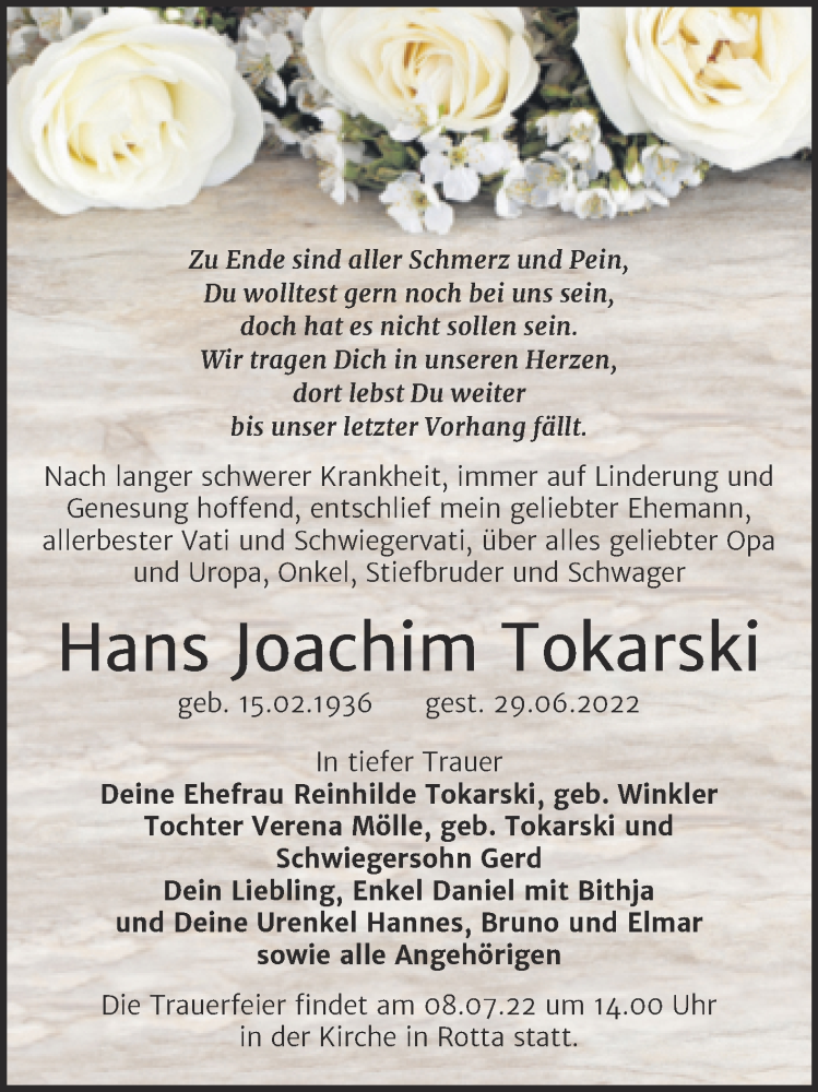  Traueranzeige für Hans Joachim Tokarski vom 02.07.2022 aus Trauerkombi Wittenberg
