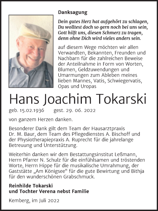 Traueranzeige von Hans Joachim Tokarski von Trauerkombi Wittenberg