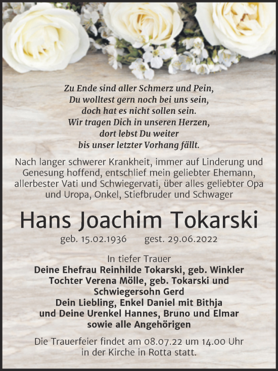 Traueranzeige von Hans Joachim Tokarski von Trauerkombi Wittenberg