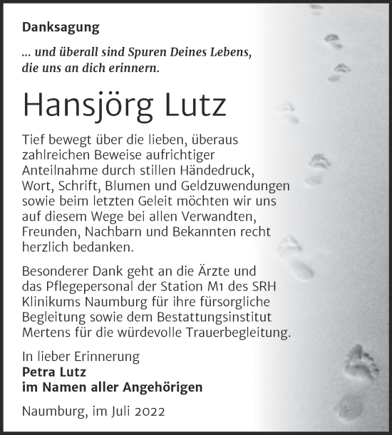 Traueranzeige von Hansjörg Lutz von Wochenspiegel Naumburg/Nebra