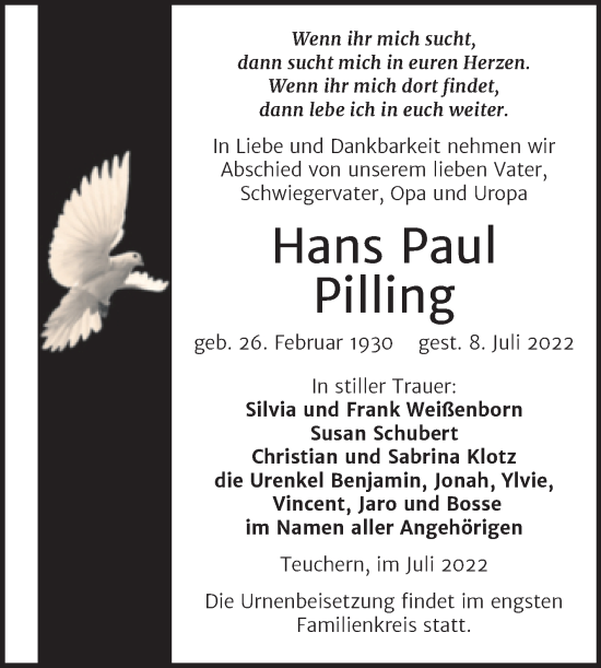 Traueranzeige von Hans Paul Pilling von Trauerkombi Weißenfels