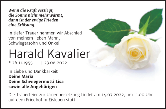 Traueranzeige von Harald Kavalier von Trauerkombi Mansfelder Land