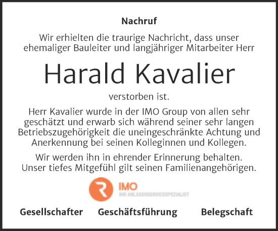 Traueranzeige von Harald Kavalier von Mitteldeutsche Zeitung Mansfelder Land