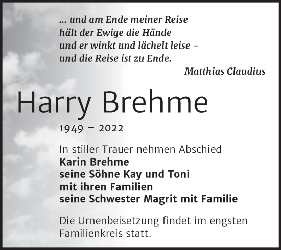 Traueranzeige von Harry Brehme von Wochenspiegel Naumburg/Nebra