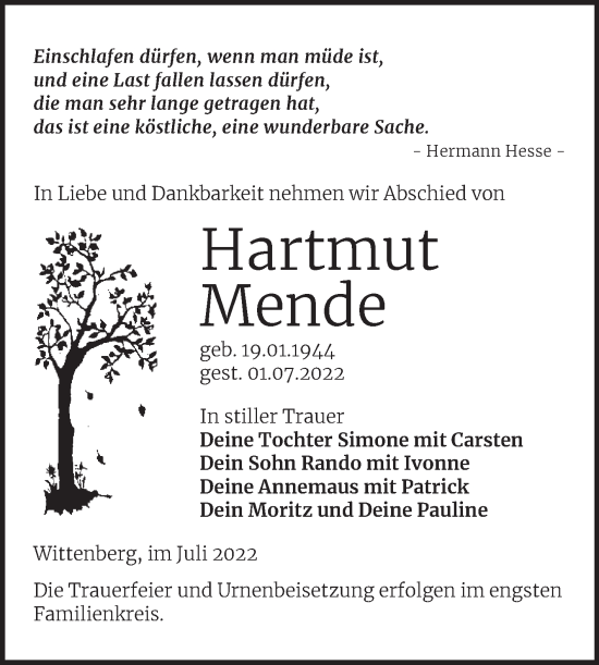 Traueranzeige von Hartmut Mende von Trauerkombi Wittenberg