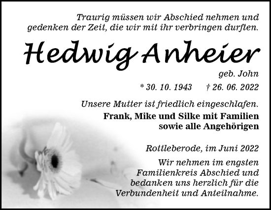 Traueranzeige von Hedwig Anheier von Trauerkombi Sangerhausen
