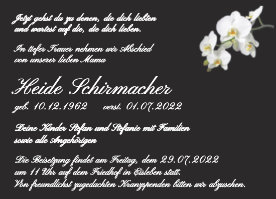 Traueranzeige von Heide Schirmacher von Trauerkombi Mansfelder Land