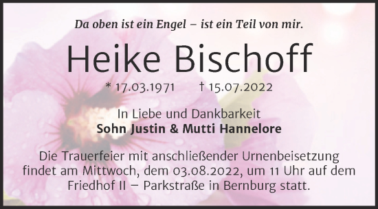 Traueranzeige von Heike Bischoff von Trauerkombi Bernburg