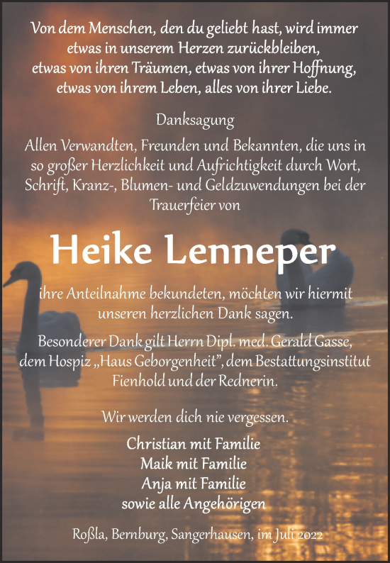 Traueranzeige von Heike Lenneper von Trauerkombi Sangerhausen
