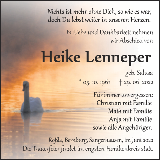 Traueranzeige von Heike Lenneper von Trauerkombi Sangerhausen