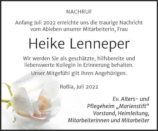 Traueranzeige von Heike Lenneper von Super Sonntag Sangerhausen