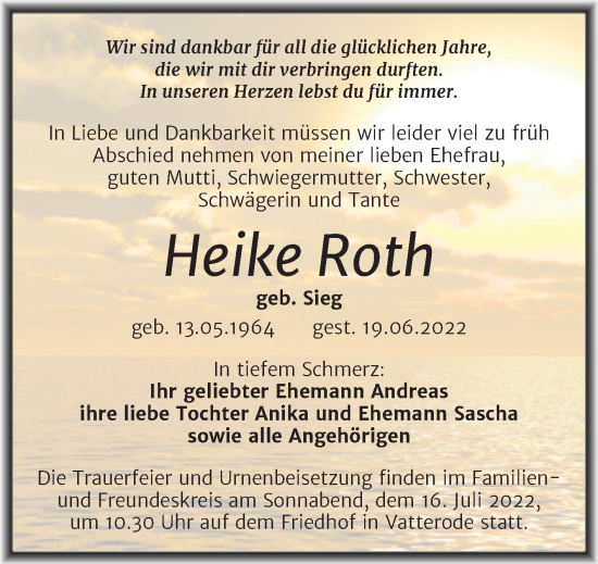 Traueranzeige von Heike Roth von Trauerkombi Mansfelder Land