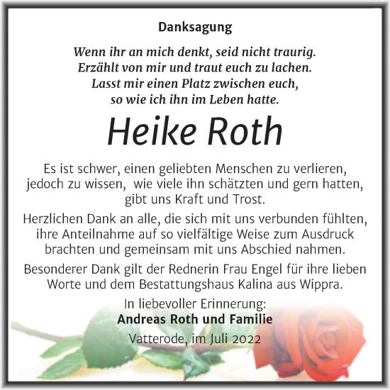 Traueranzeige von Heike Roth von Trauerkombi Mansfelder Land