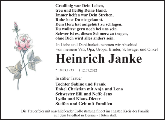 Traueranzeige von Heinrich Janke von Mitteldeutsche Zeitung Dessau-Roßlau