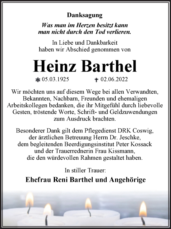 Traueranzeige von Heinz Barthel von Trauerkombi Wittenberg