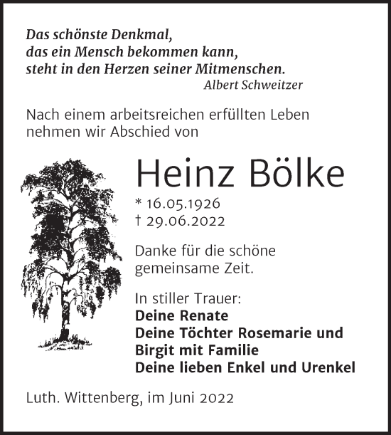 Traueranzeige von Heinz Bölke von Trauerkombi Wittenberg