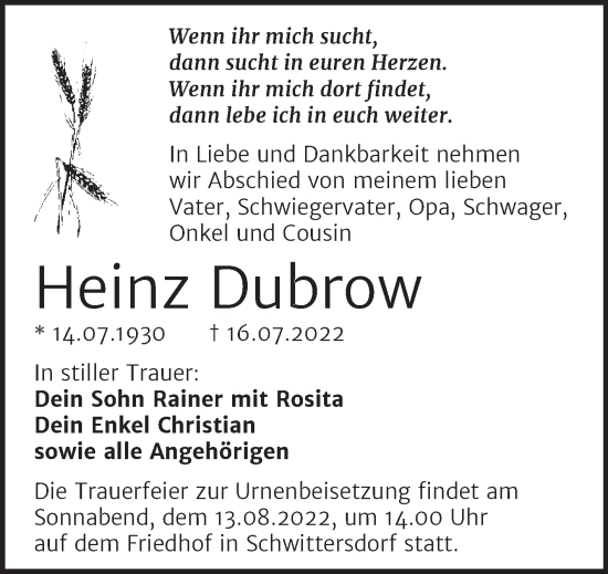 Traueranzeige von Heinz Dubrow von Mitteldeutsche Zeitung Halle/Saalkreis