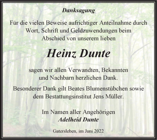 Traueranzeige von Heinz Dunte von Trauerkombi Aschersleben