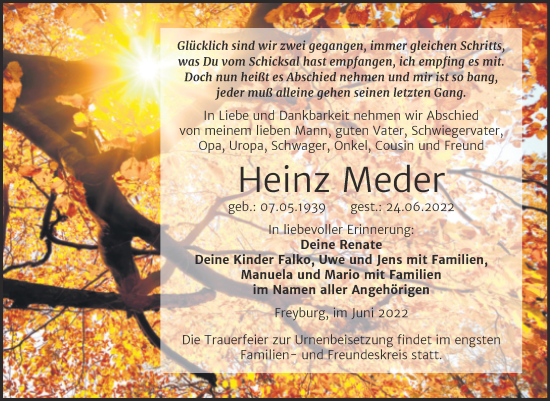 Traueranzeige von Heinz Meder von Wochenspiegel Naumburg/Nebra