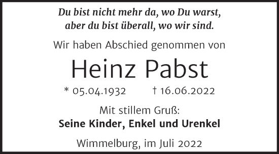Traueranzeige von Heinz Pabst von Trauerkombi Mansfelder Land