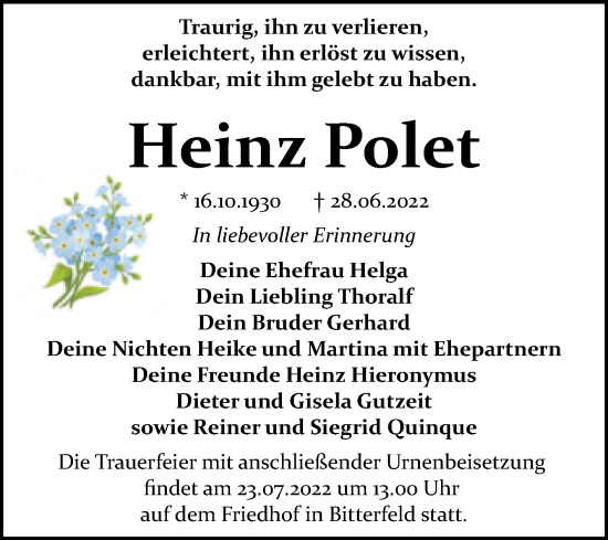 Traueranzeige von Heinz Polet von Trauerkombi Bitterfeld