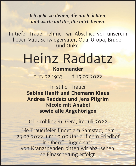 Traueranzeige von Heinz Raddatz von Mitteldeutsche Zeitung Sangerhausen