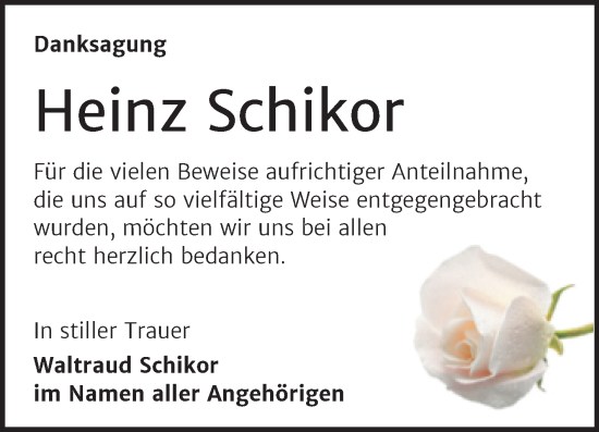 Traueranzeige von Heinz Schikor von Wochenspiegel Naumburg/Nebra