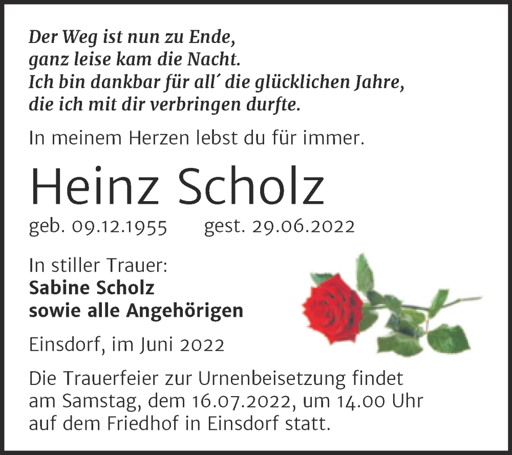  Traueranzeige für Heinz Scholz vom 06.07.2022 aus Trauerkombi Sangerhausen