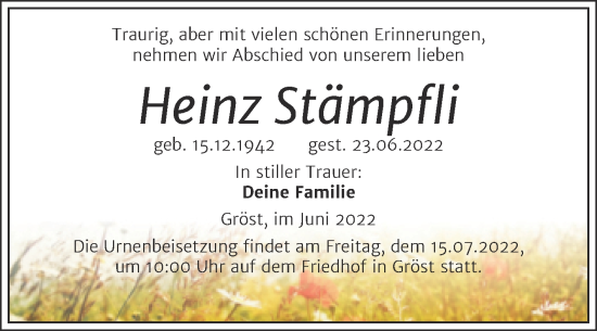 Traueranzeige von Heinz Stämpfli von Trauerkombi Merseburg