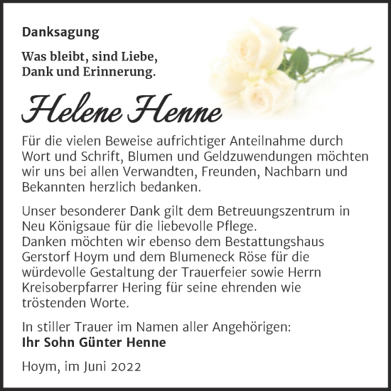 Traueranzeige von Helene Henne von Trauerkombi Aschersleben