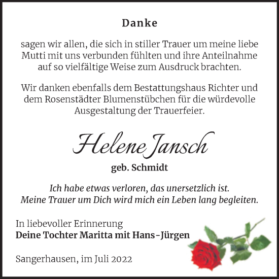 Traueranzeige von Helene Jansch von Trauerkombi Sangerhausen