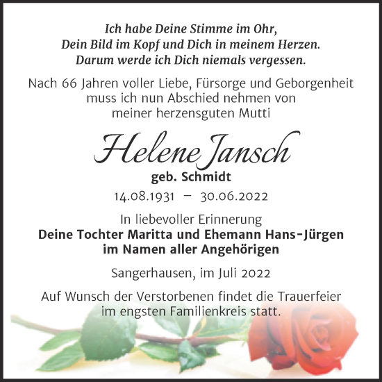 Traueranzeige von Helene Jansch von Trauerkombi Sangerhausen