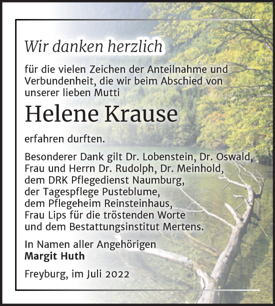 Traueranzeige von Helene Krause von Wochenspiegel Naumburg/Nebra