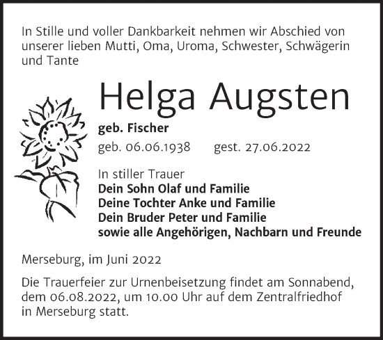 Traueranzeige von Helga Augsten von Trauerkombi Merseburg