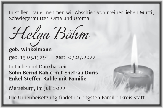 Traueranzeige von Helga Böhm von Trauerkombi Merseburg
