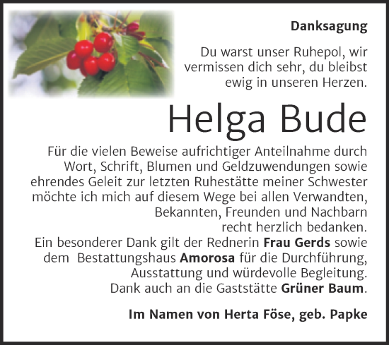 Traueranzeige von Helga Bude von Trauerkombi Dessau