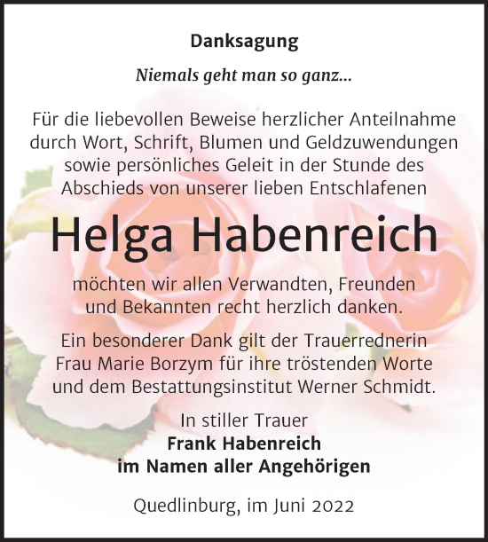 Traueranzeige von Helga Habenreich von Trauerkombi Quedlinburg