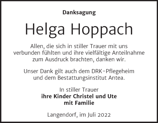 Traueranzeige von Helga Hoppach von Trauerkombi Weißenfels