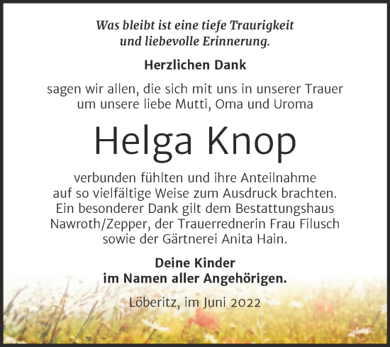Traueranzeige von Helga Knop von Trauerkombi Bitterfeld