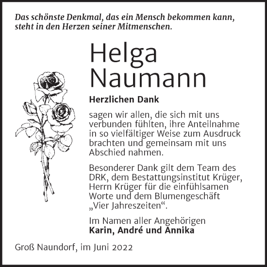 Traueranzeige von Helga Naumann von Trauerkombi Wittenberg