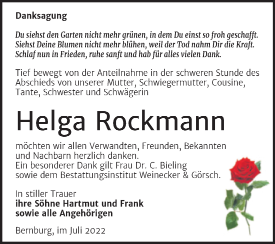 Traueranzeige von Helga Rockmann von Trauerkombi Bernburg