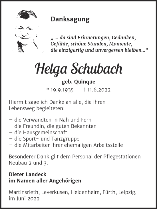 Traueranzeige von Helga Schubach von Trauerkombi Sangerhausen